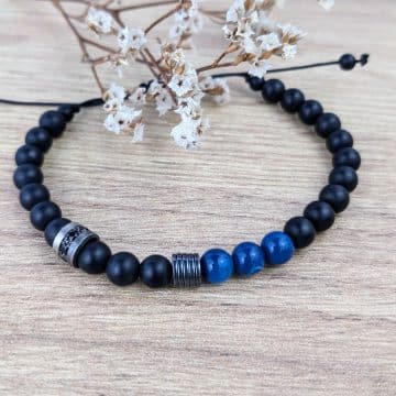 Pulsera unisex de plata, ónix , hematites y ágata azul